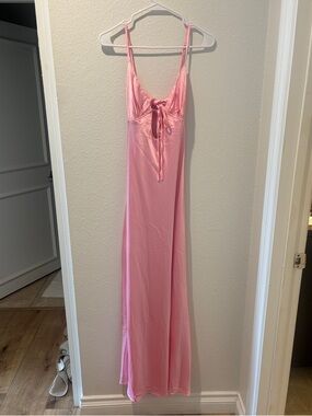 Peppermayo Pink Satin Maxi Slip Dress with Tie Front